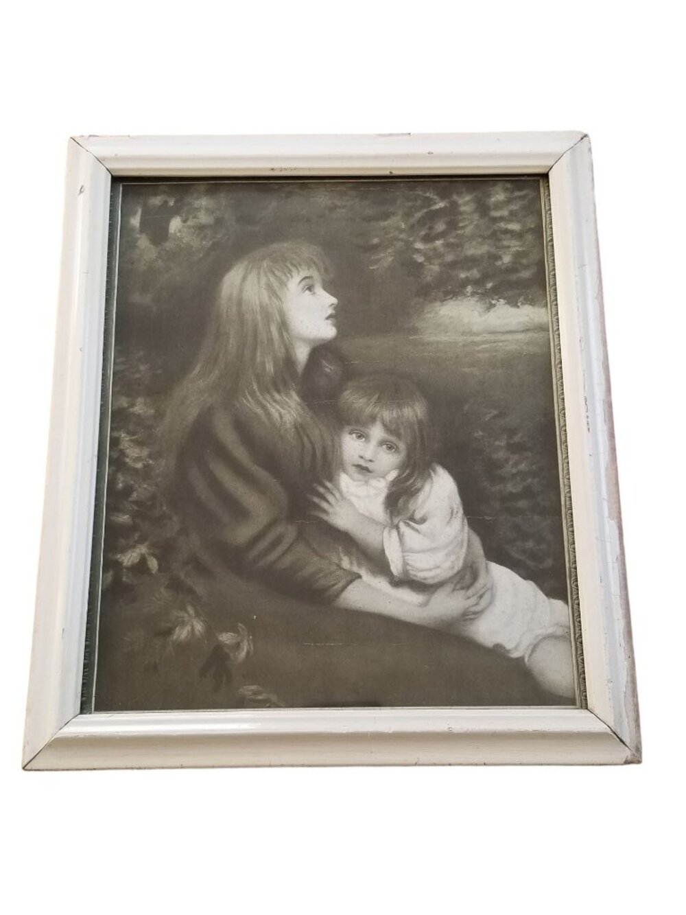 Sweet Sisters Lithograph Lovely Antique Print in Old Wood Frame w/Glass
